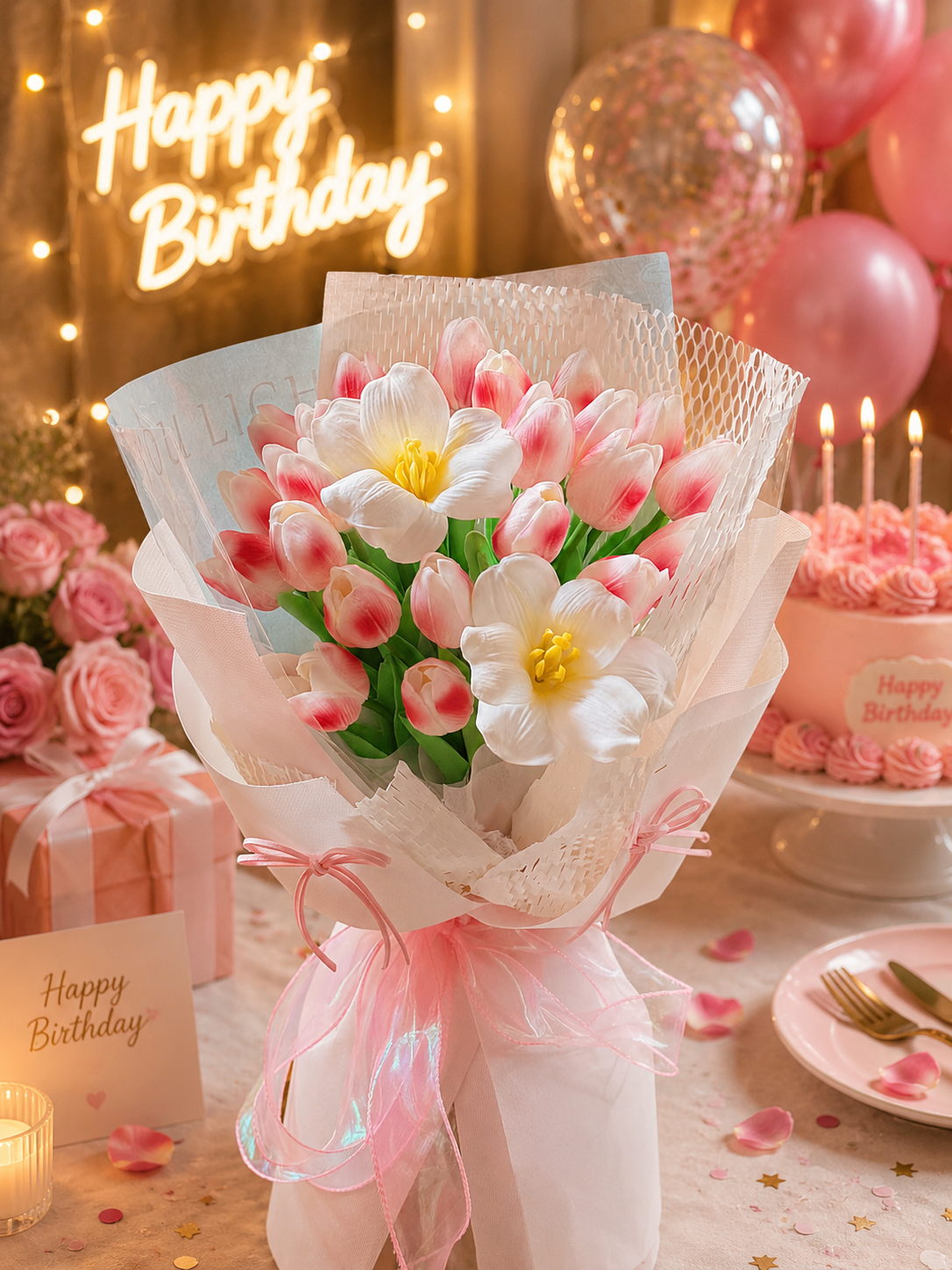 Bó Hoa Lụa & Hoa Sáp Tulip Hồng Cao Cấp – Quà Tặng Sinh Nhật Sang Trọng