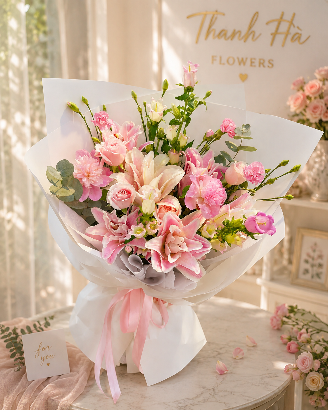 Bó Hoa Lily Hồng & Hoa Hồng Pastel Cao Cấp – Premium Pink Lily Bouquet | Thanh Hà Flowers