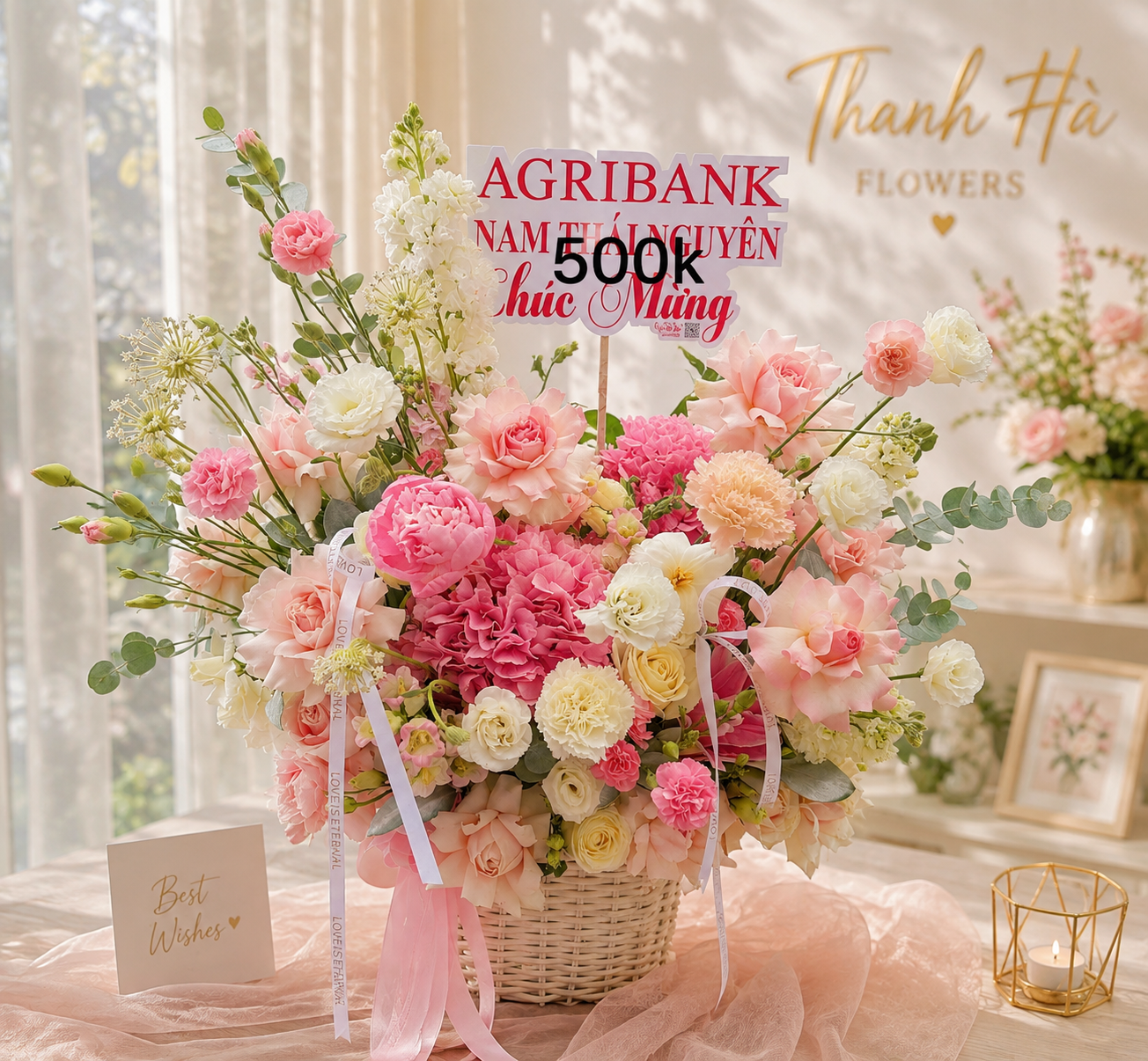 Giỏ Hoa Chúc Mừng Hồng Pastel Cao Cấp – Premium Congratulation Flower Basket | Thanh Hà Flowers