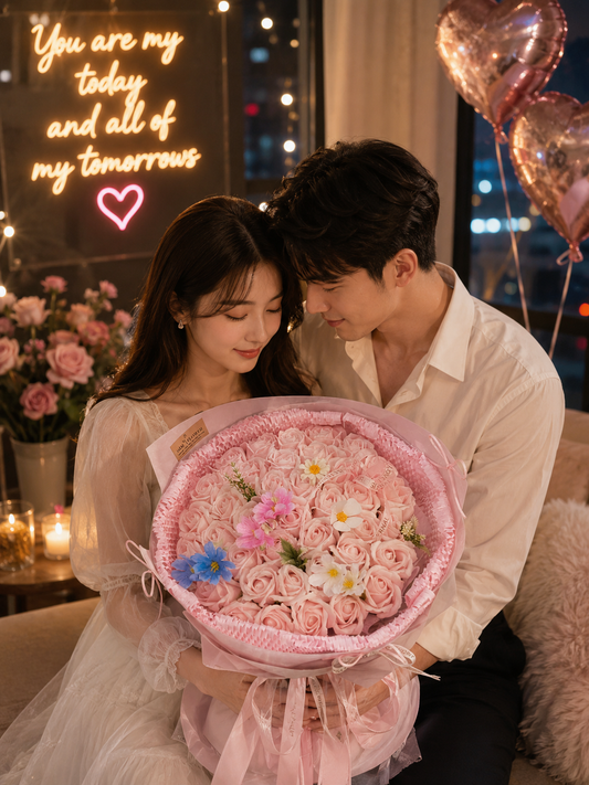 Bó Hoa Sáp Hồng Cao Cấp Phối Hoa Lụa – Quà Tặng Sinh Nhật, Kỷ Niệm, Valentine