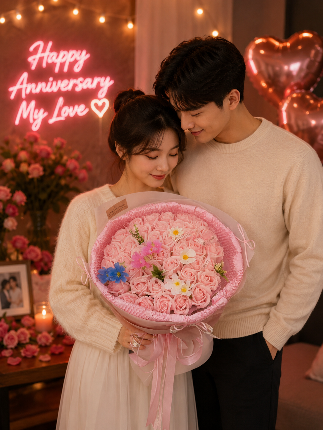 Bó Hoa Sáp Hồng Cao Cấp Phối Hoa Lụa – Quà Tặng Sinh Nhật, Kỷ Niệm, Valentine