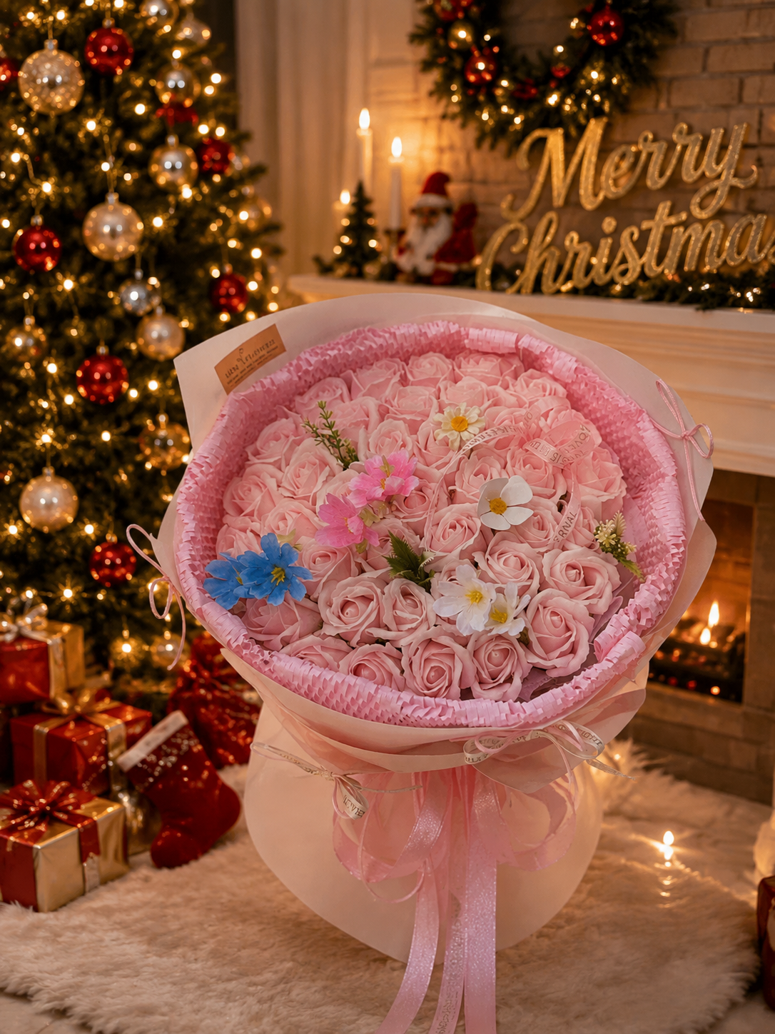 Bó Hoa Sáp Hồng Cao Cấp Phối Hoa Lụa – Quà Tặng Sinh Nhật, Kỷ Niệm, Valentine