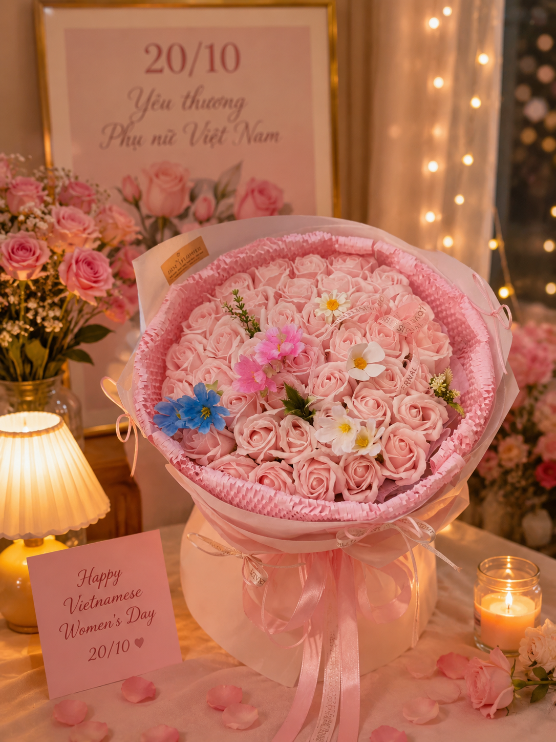 Bó Hoa Sáp Hồng Cao Cấp Phối Hoa Lụa – Quà Tặng Sinh Nhật, Kỷ Niệm, Valentine