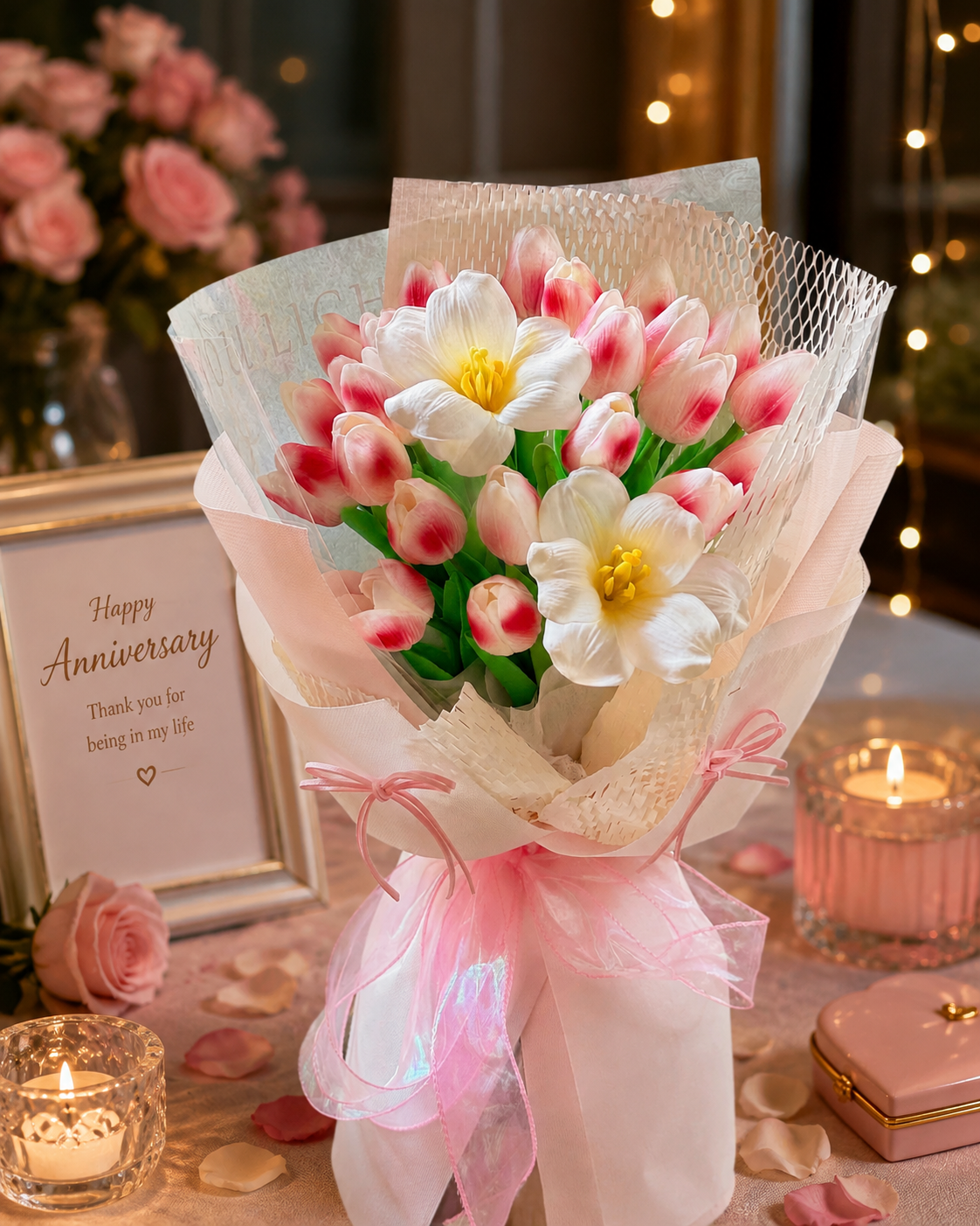 Bó Hoa Lụa & Hoa Sáp Tulip Hồng Cao Cấp – Quà Tặng Sinh Nhật Sang Trọng