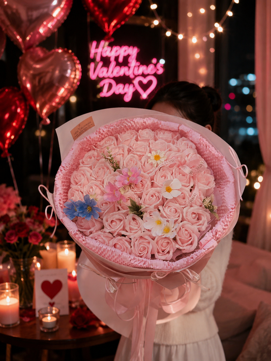 Bó Hoa Sáp Hồng Cao Cấp Phối Hoa Lụa – Quà Tặng Sinh Nhật, Kỷ Niệm, Valentine