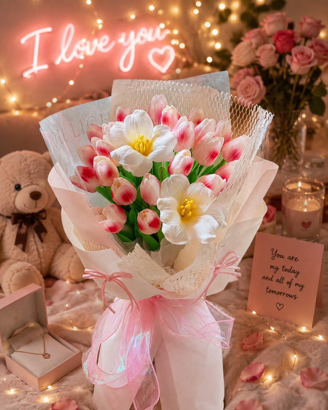 Bó Hoa Lụa & Hoa Sáp Tulip Hồng Cao Cấp – Quà Tặng Sinh Nhật Sang Trọng
