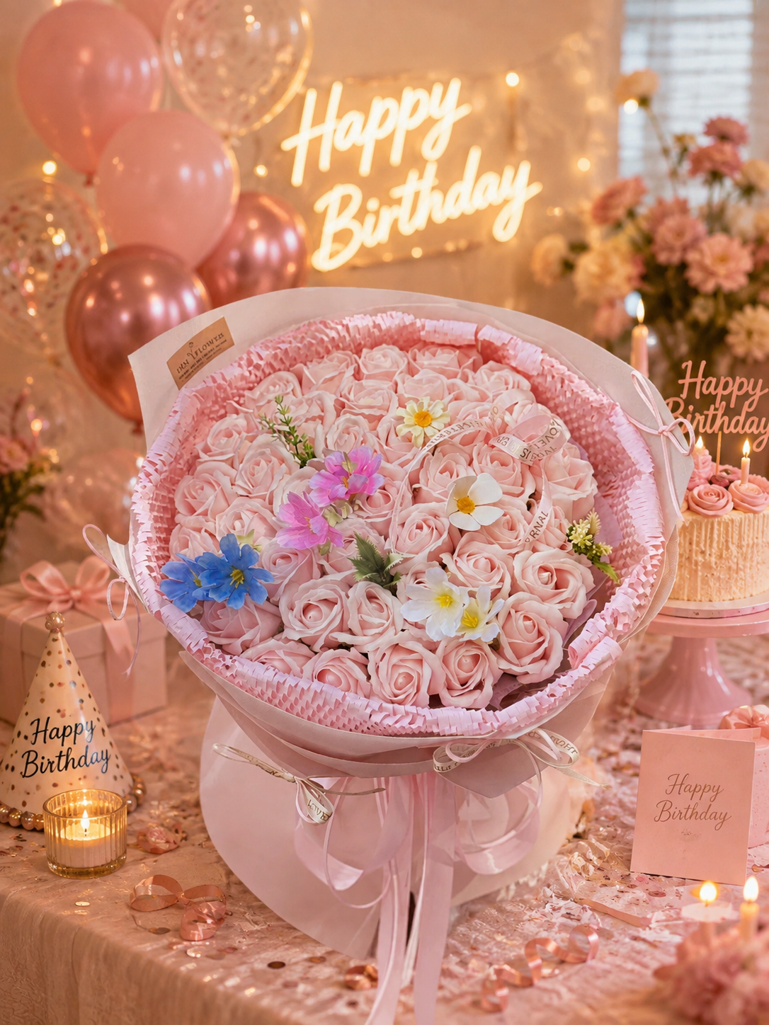 Bó Hoa Sáp Hồng Cao Cấp Phối Hoa Lụa – Quà Tặng Sinh Nhật, Kỷ Niệm, Valentine