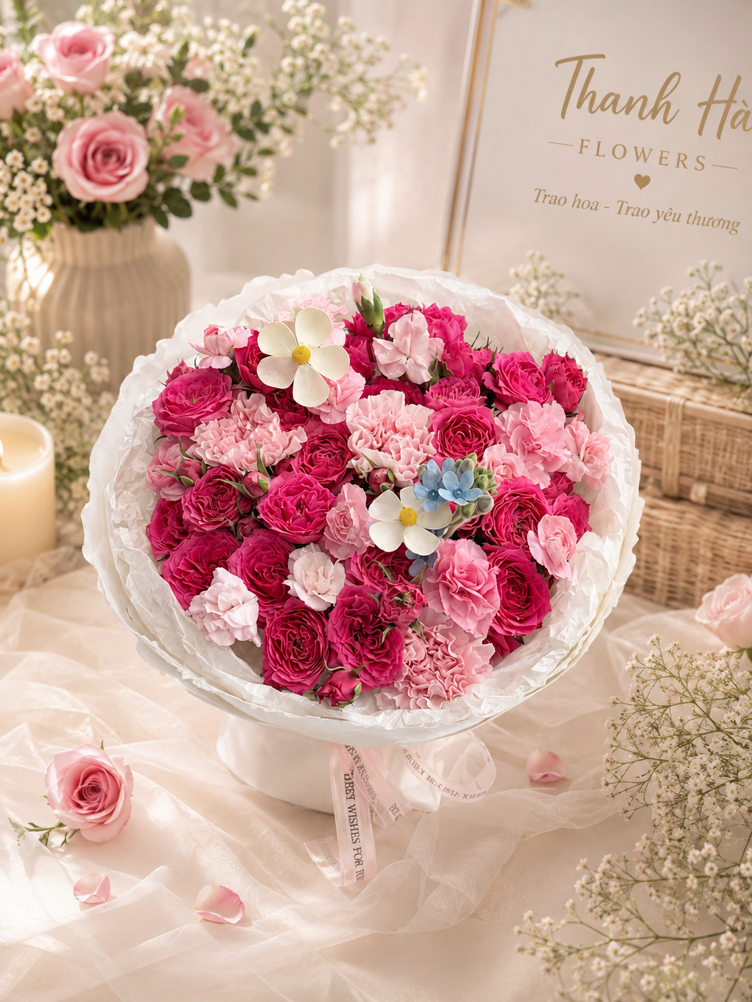 Bó Hoa Hồng & Cẩm Chướng Pastel Cao Cấp – Premium Pink Blossom Bouquet | Thanh Hà Flowers