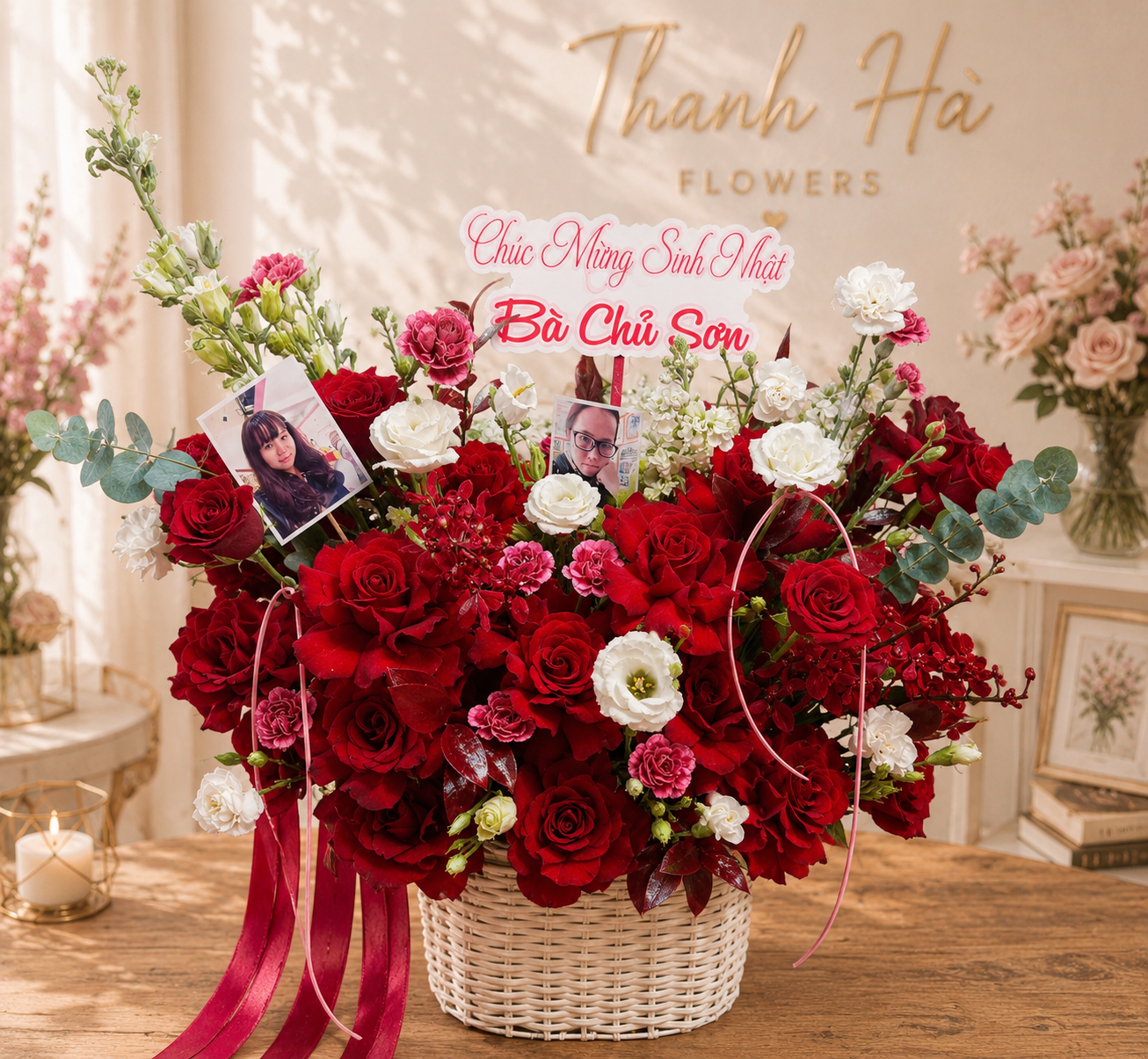 Giỏ Hoa Hồng Đỏ Chúc Mừng Cao Cấp – Luxury Red Rose Congratulations Basket | Thanh Hà Flowers