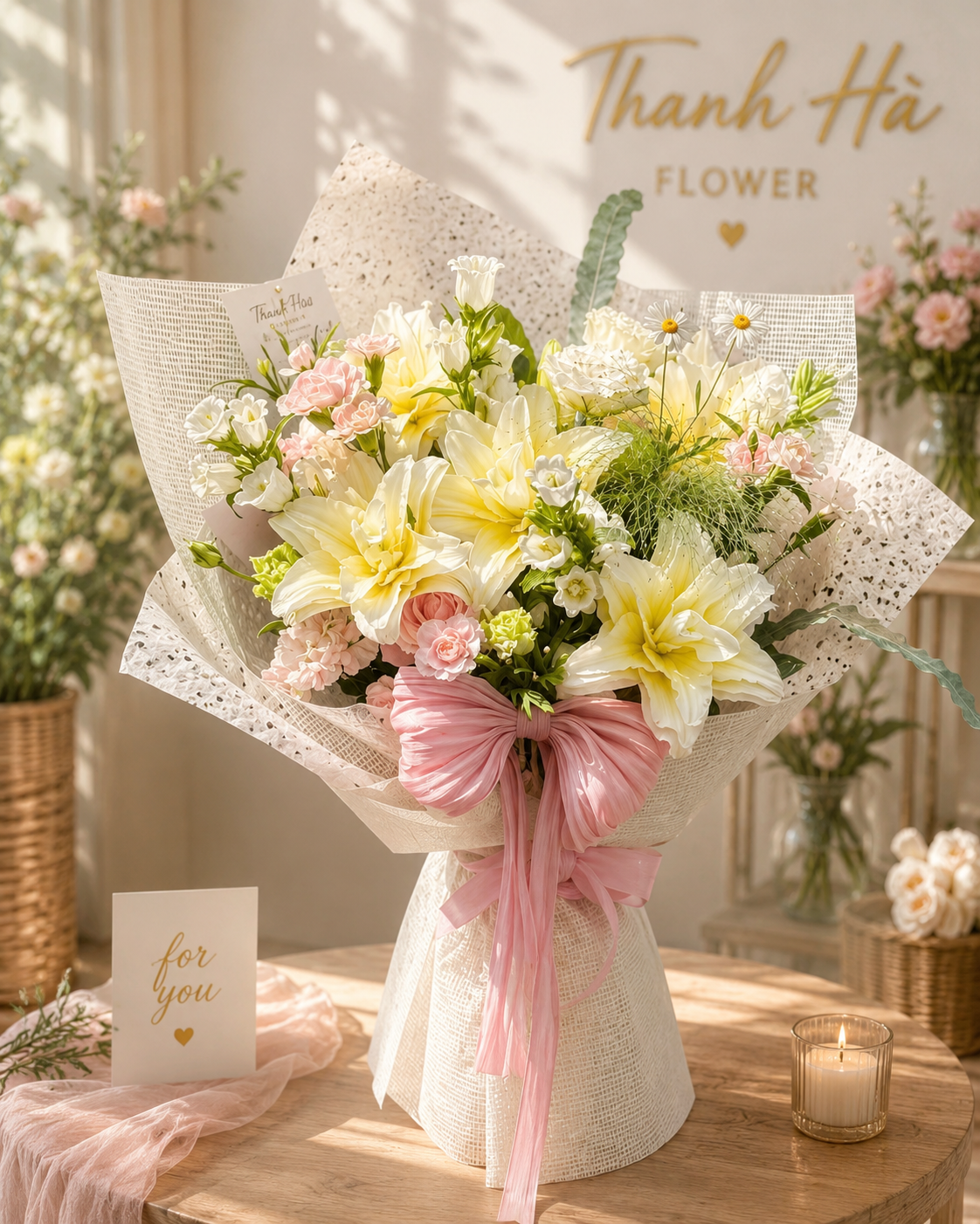 Bó Hoa Lily Trắng Kem Cao Cấp – Premium White Lily Bouquet | Thanh Hà Flowers