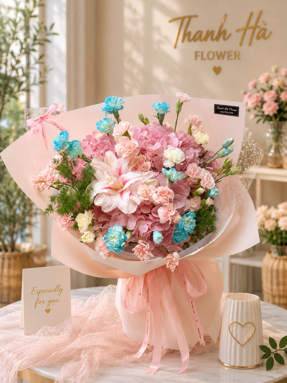 Bó Hoa Cẩm Tú Cầu Hồng & Lily Cao Cấp – Luxury Pink Hydrangea Lily Bouquet | Thanh Hà Flowers