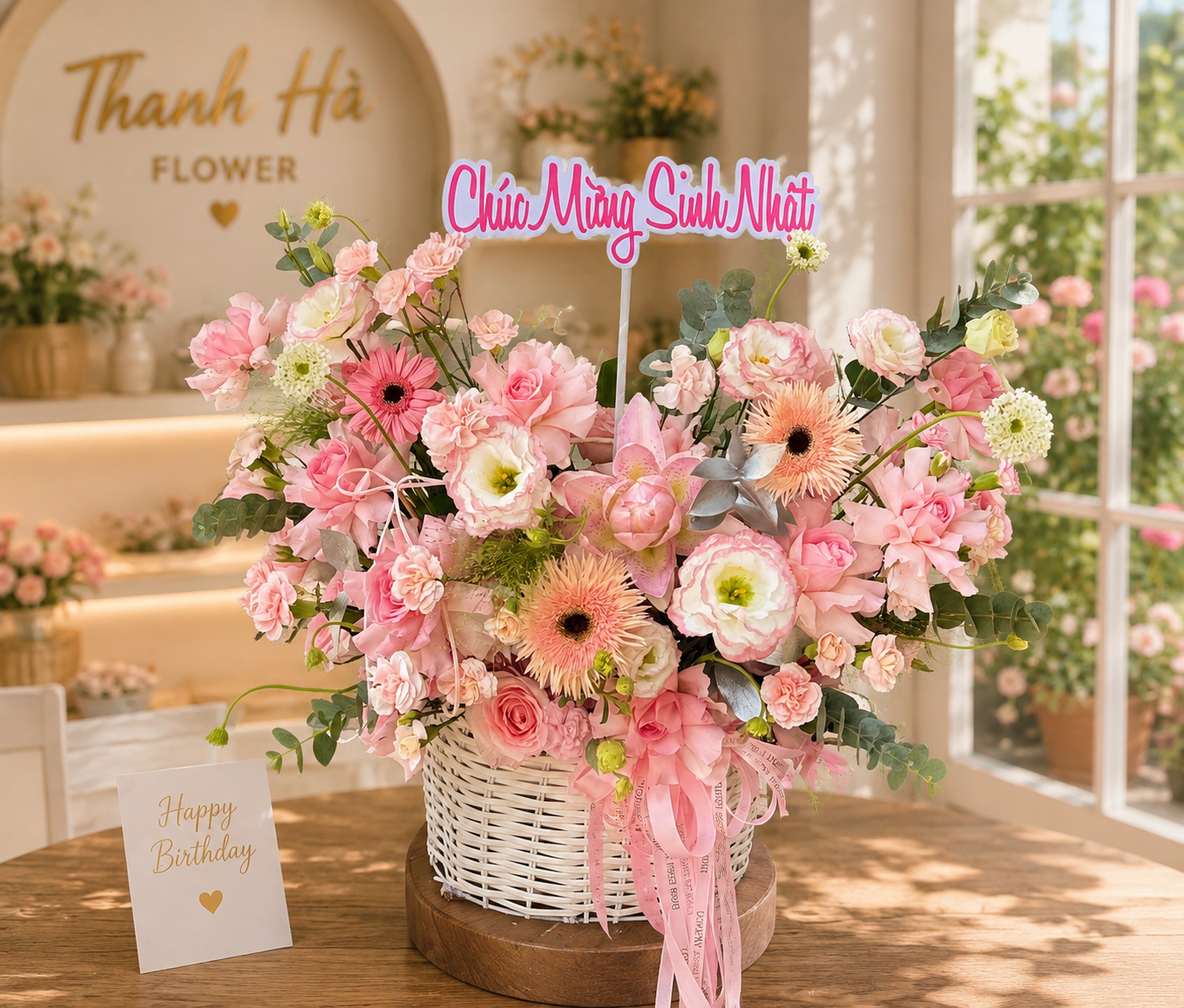 Giỏ Hoa Sinh Nhật Hồng Pastel Cao Cấp – Luxury Pink Birthday Flower Basket | Thanh Hà Flowers