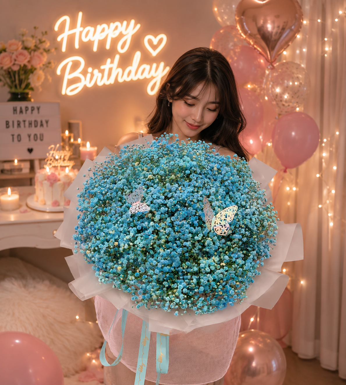 Bó Hoa Baby Xanh Premium – Blue Baby's Breath Bouquet | Thanh Hà Flowers