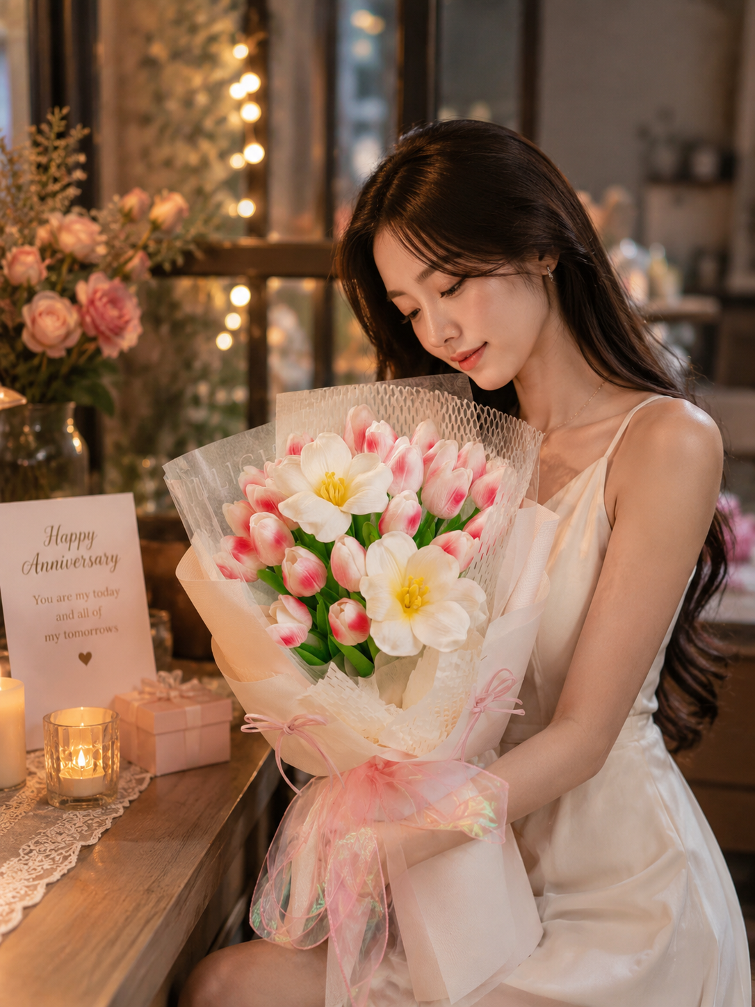 Bó Hoa Lụa & Hoa Sáp Tulip Hồng Cao Cấp – Quà Tặng Sinh Nhật Sang Trọng