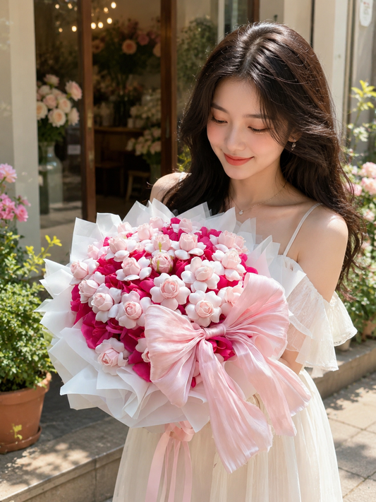 Bó Hoa Hồng & Hoa Sáp Trang Trí Nơ Lụa Cao Cấp | Quà Sinh Nhật, Tặng Người Yêu